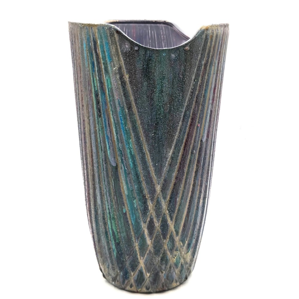 E.O. Brody Art Deco Multicolored Glass Vase Textured 10.5" Crosshatch Diamond